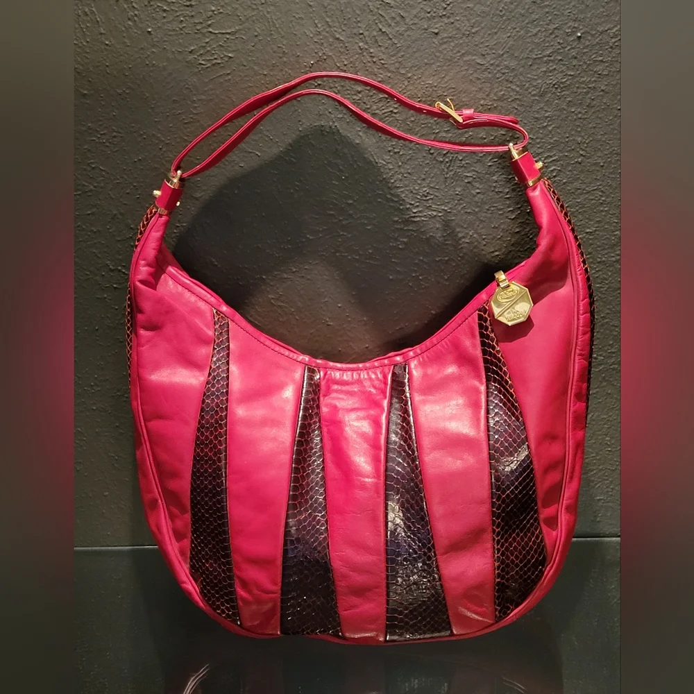 Fontanelli By Reco's Vtg 80s Red Leather/Reptile Hobo Shoulder Bag